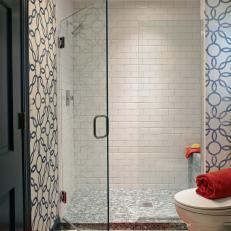 White and Blue Bathroom With Red Bath Mat