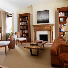 Neutral and Brown Transitional Living Room With Wooden Furniture