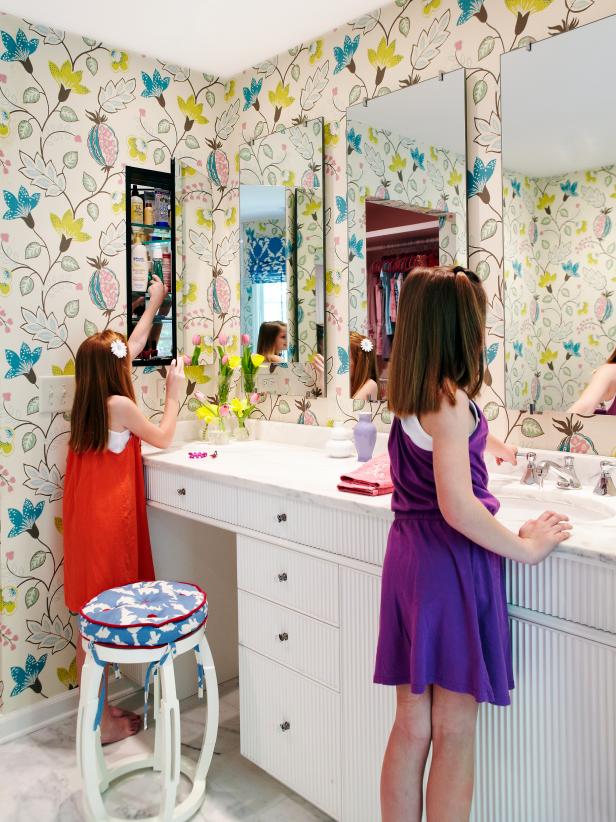 Girls' Bathroom With Eclectic Wallpaper 