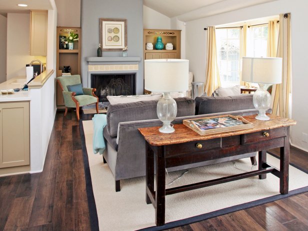 Neutral Living Room Rustic Wood Console Behind Velvet Sofa