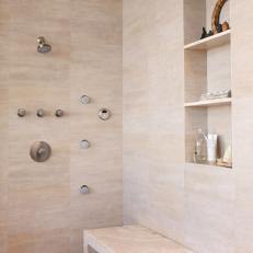 Modern Spa-Like Shower With Beige Marble Tile