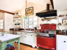 White Craftsman Kitchen With Red Oven