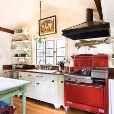 White Craftsman Kitchen With Red Oven