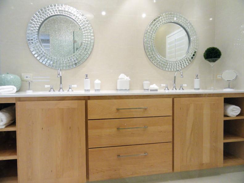 Contemporary Bathroom With Double Vanity and Mosaic Mirrors
