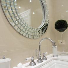 White Bathroom Vanity With Glam Round Mirror