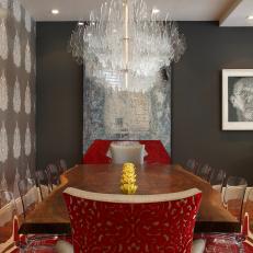 Chandelier In Rich Red Fabric Designed Dining Room 