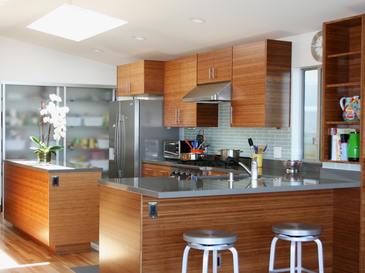 Modern domestic kitchen design with wood cabinet, stainless steel