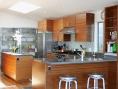 Designer Catherine Nakahara creates a clean, contemporary kitchen featuring bamboo cabinetry, quartz countertops and a subway tile backsplash.