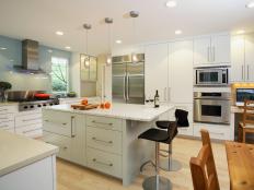 Contemporary White and Gray Kitchen with Sage Gray Island
