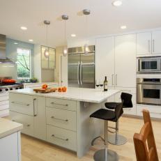 Contemporary White and Gray Kitchen with Sage Gray Island