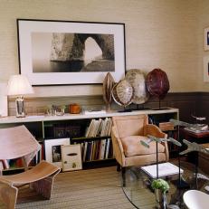 Living Room With Textured Wallpaper and Woven Area Rug
