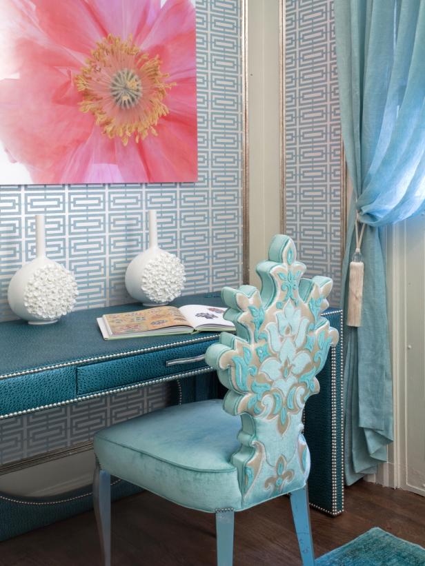 Blue Feminine Contemporary Office With Graphic Wallpaper