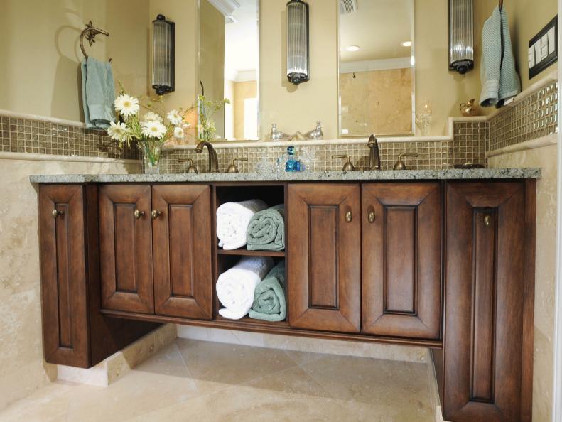 Neutral Transitional Bathroom With Wood Vanity
