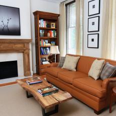 Transitional Living Room With Wood Slab Coffee Table