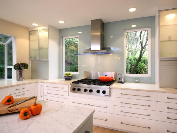 Contemporary White Kitchen with Frosted Glass Cabinets