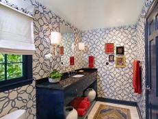 Designer Rebecca Hawkins adds bold color and exciting visual elements to a guest bathroom.