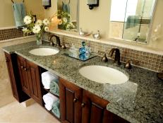 Double Vanity With Marble Countertop and Two Mirrors