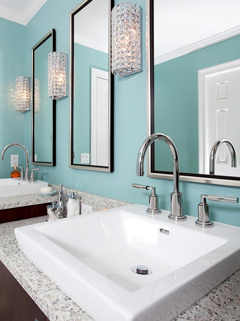 Blue Master Bathroom With Double Sinks 