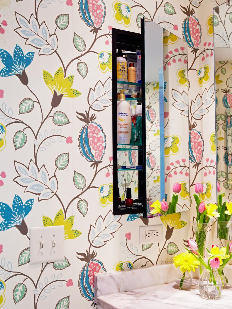 Tween Girls' Bathroom With Eclectic Wallpaper 