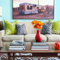Turquoise Living Room With Trailer Artwork