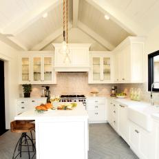 White Farmhouse Kitchen With Vaulted Beadboard Ceiling 