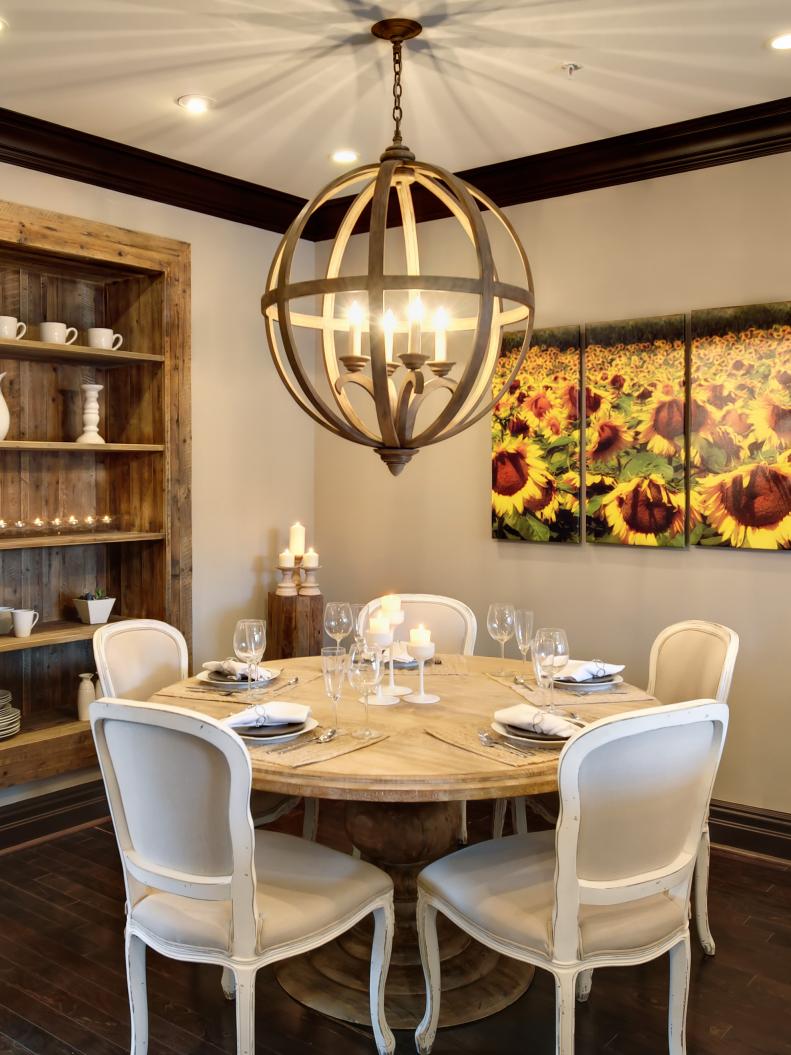 Neutral Dining Room With Wooden Built-In Shelf and Round Chandelier