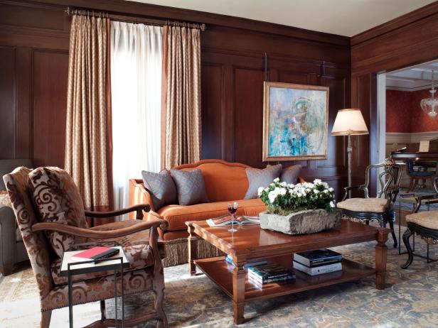 Transitional Living Room With Wood Paneled Walls