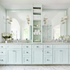 All White Marble Bathroom with Double Vanity