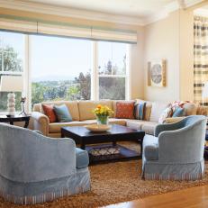 Transitional Living Room with Blue Armchairs