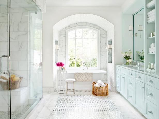 Old World Master Bathroom With Carrara Marble Floor