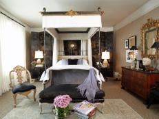 Designer Cecilie Starin transforms an outdated study into a chic master bedroom complete with a canopy bed, a Chinese Coromandel screen, and exceptional high quality art and antiques.
