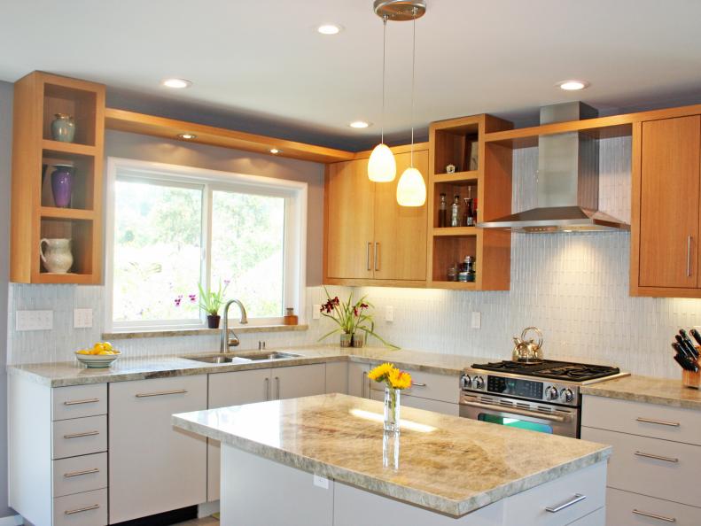 Kitchen With Light Wood Upper Cabinets and White Lower Cabinets