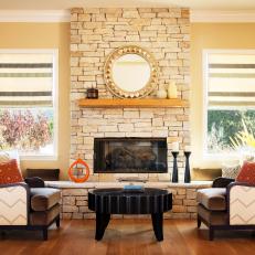 Sophisticated Neutral Living Room With Stone Fireplace 