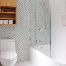 Modern Bathroom With Neutral Wall Tiles and Glass Shower Stall