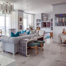 Contemporary Gray Living Room With Turquoise Accents