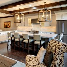 Transitional Beige Kitchen With Large Rustic Lanterns