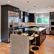 Black and Gray Contemporary Kitchen With Glass Dining Table