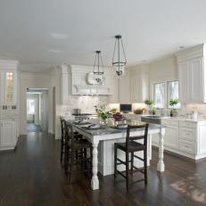White Cottage Eat-In Kitchen With Glass Pendants
