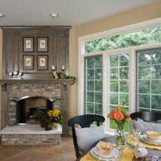 Brown Dining Area With Fireplace