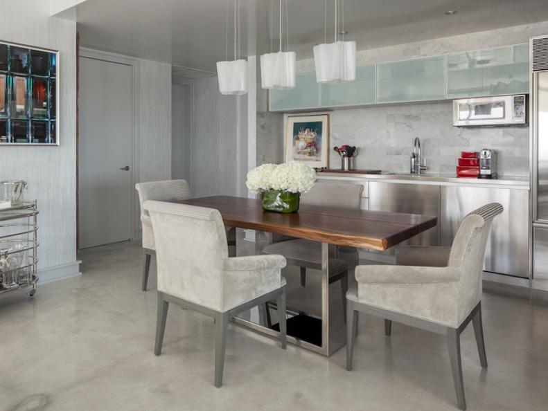 Contemporary Kitchen With Dining Table and Upholstered Dining Chairs