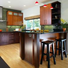 Contemporary Kitchen With Green Subway Tile Backsplash