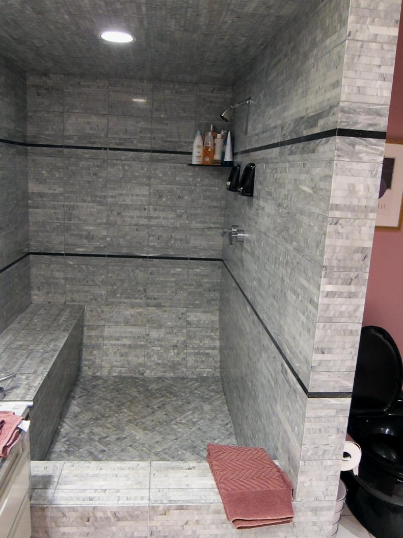 Stone Shower With Built-In Bench
