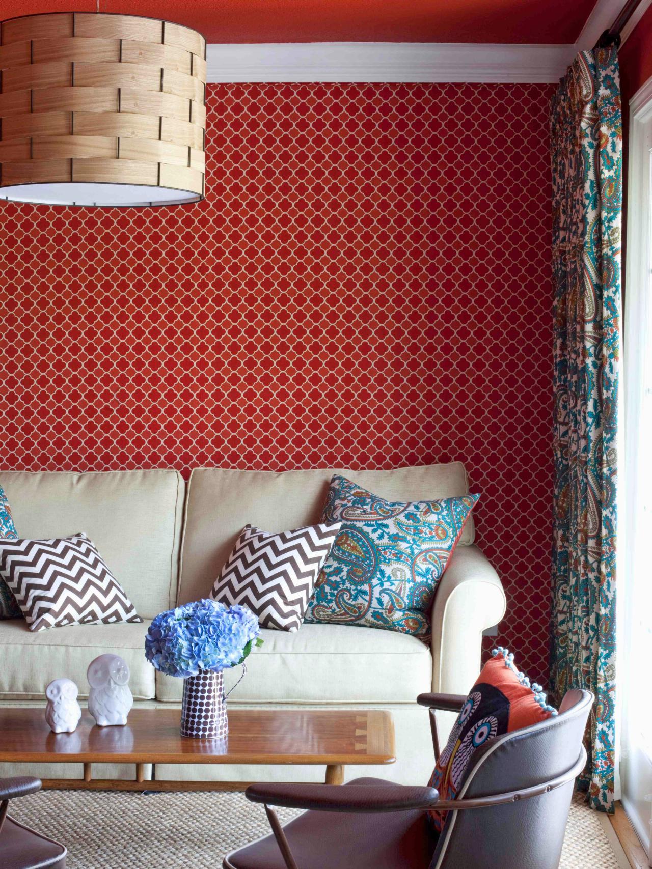 Red Living Room With Paisley Curtains Hgtv