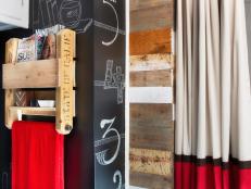 Wood Toiletry Holder on Chalkboard Wall and White & Red Shower Curtain