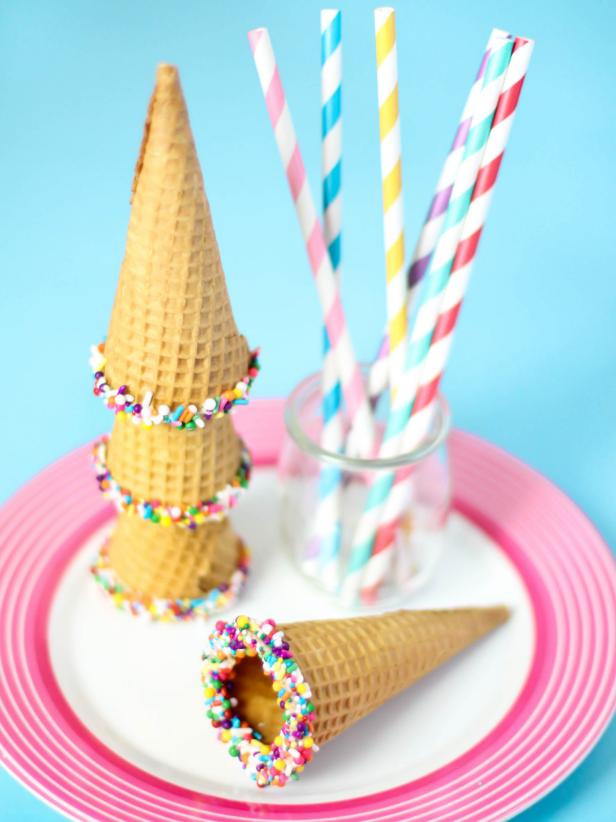 To make your sugar cones extra colorful, dip the rims in melted white chocolate then into multicolored sprinkles.