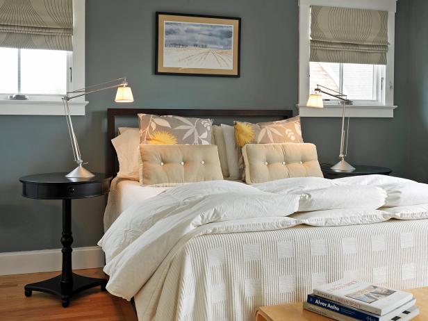 Charcoal Gray Bedroom With White Bedding Hgtv