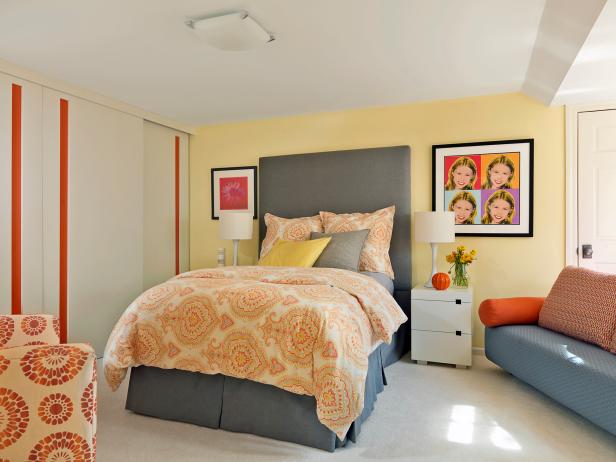 Yellow, Orange and Gray Teen Bedroom | HGTV