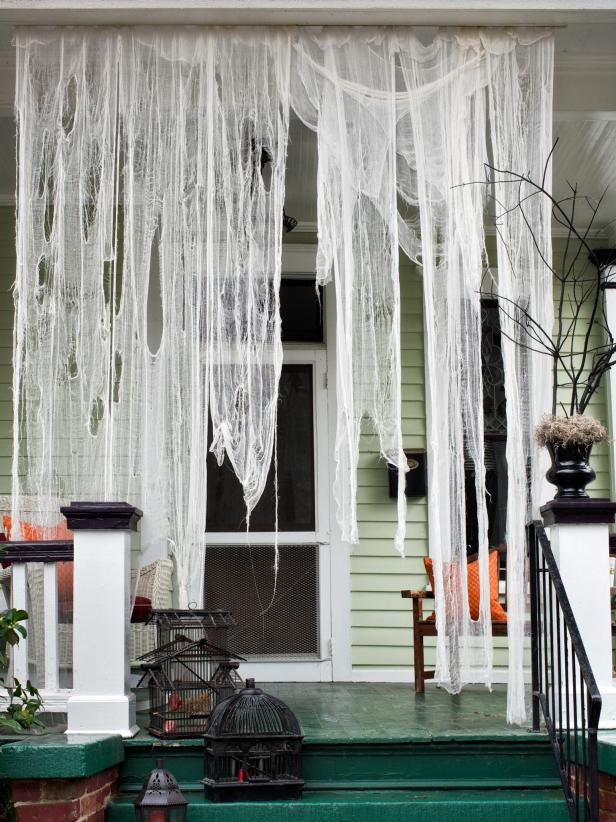 Tattered Draperies on Halloween Decorated Porch