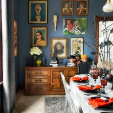 Dining Room With Spooky Halloween Decor & Table Settings