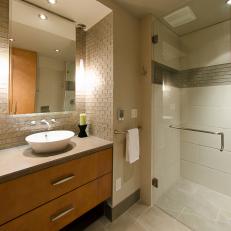 Neutral, Contemporary Bathroom Vanity Area and Glass-Door Shower